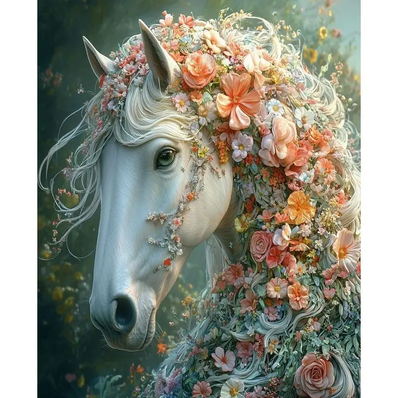 

PhotoCustom 5d алмазная живопись цветок белая лошадь искусство полная круглая/квадратная Алмазная вышивка картина животного стены Diy украшение G
