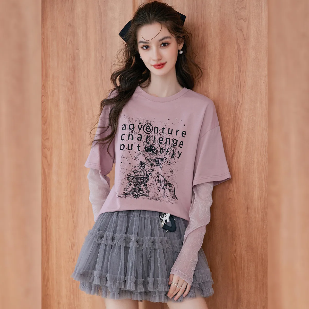 LOUISYAO Patchwork Printed Two Piece T-Shirt 2025 Autumn Women Micro Stretch Round Neck Long Sleeve Casual Tee