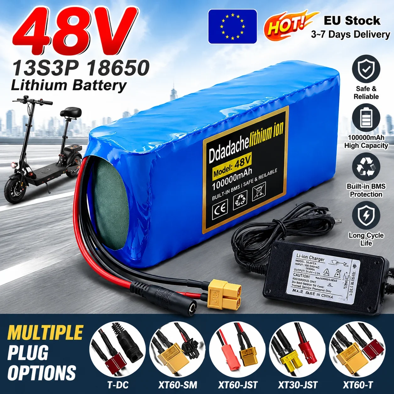 Batterie lithium-ion haute capacité 48V 13S3P 100Ah pour scooter électrique 54,6V, moteur haute puissance 500W-2000W, avec BMS intelligent