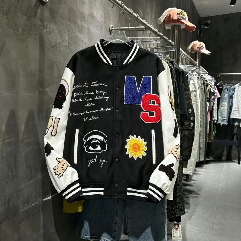 Saint Jackets Colorful Letter Jesus Towel Embroidery Black White PU Patchwork Sleeves Street Baseball Jersey Men Women Coat