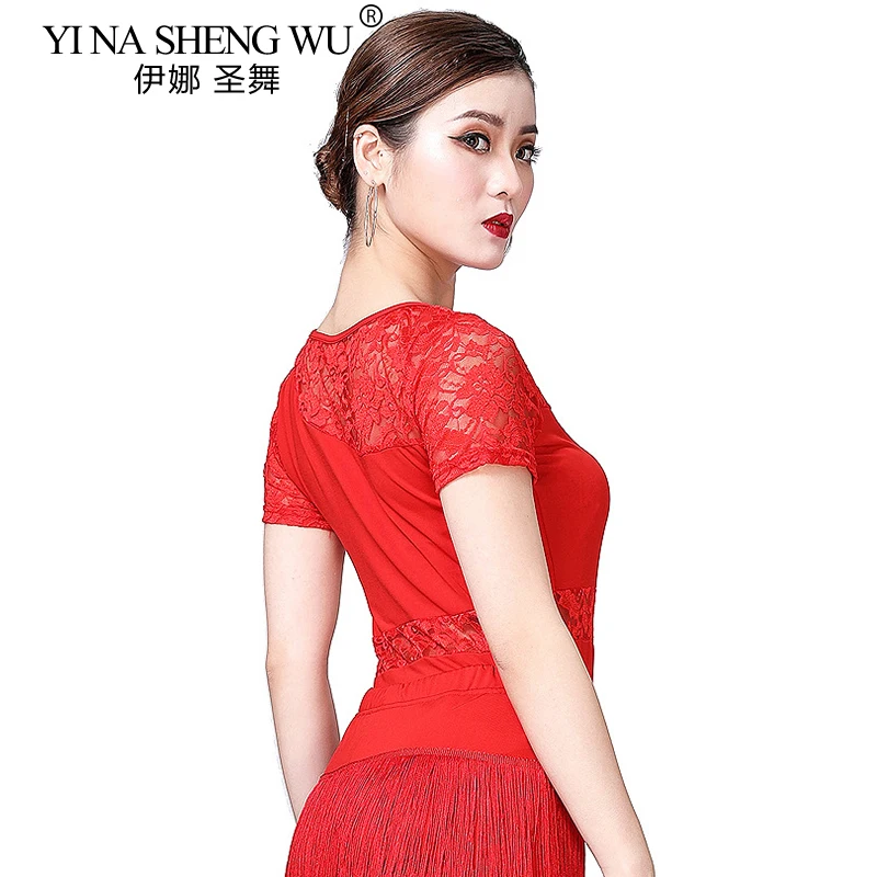 새로운 여성 라틴 댄스 레이스 탑 반팔 연습복 1Pc 스퀘어 댄스 현대 국가 표준 댄스 연습 의류