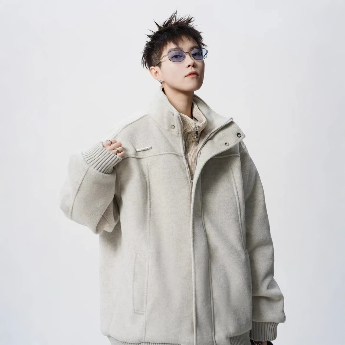 

Американская шерстяная куртка свободного кроя со стоячим воротником, повседневная, универсальная, с длинными рукавами и декоративной молнией