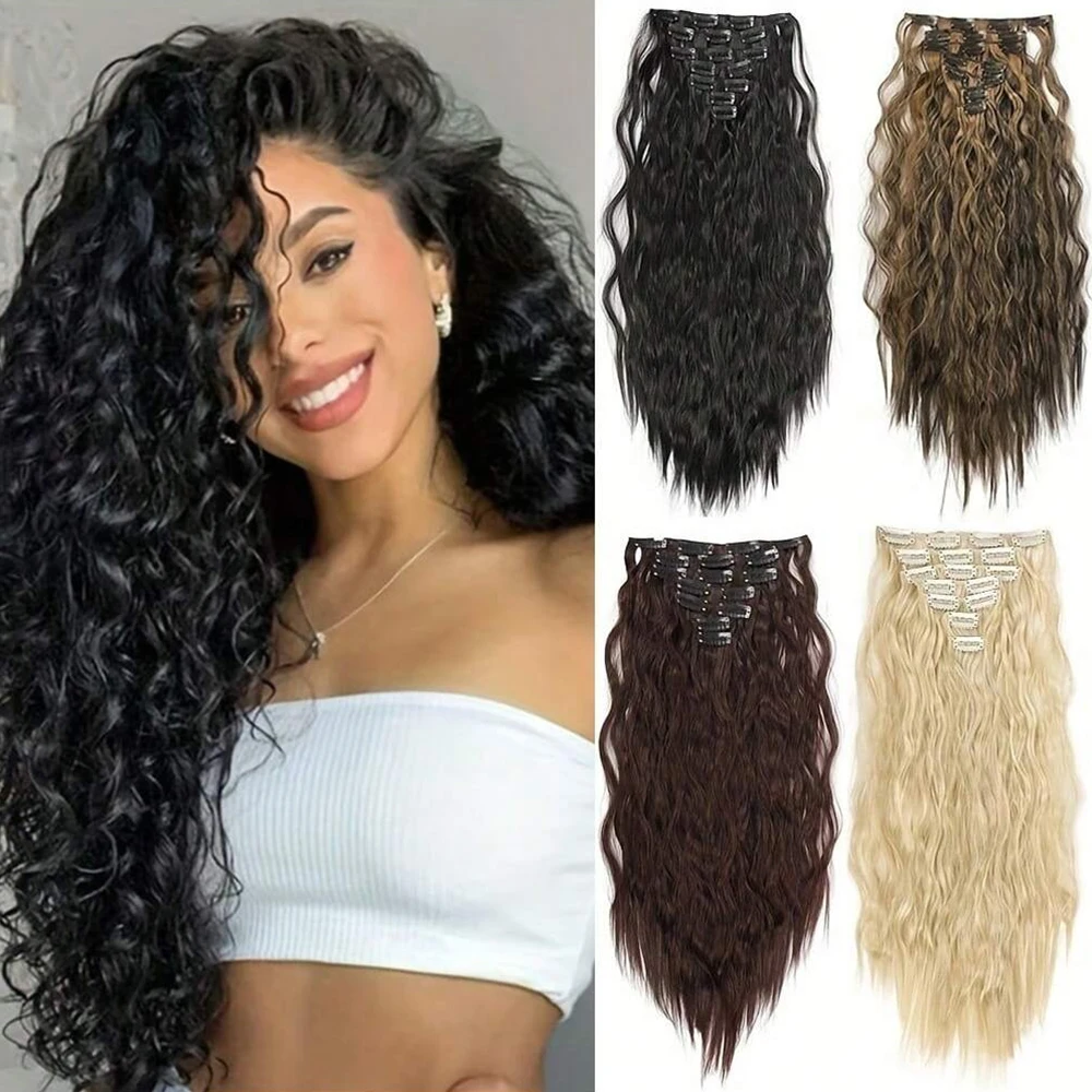 Synthetic Clip In Hair Extensions 7PCS Set Kinky Curly 20inch Long Clip On Hairpiece Style For Women Girls Daily Party