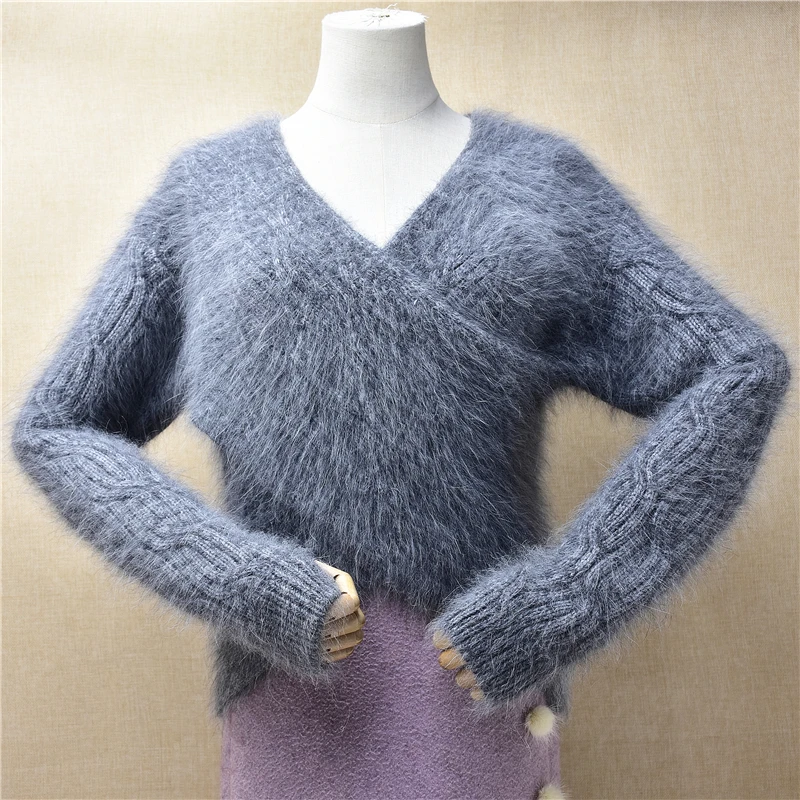 

Ladies Women Fall Winter Grey Hairy Mink Cashmere Knitted V-Neck Long Sleeves Slim Blouses Pullover Angora Fur Sweater Jumper