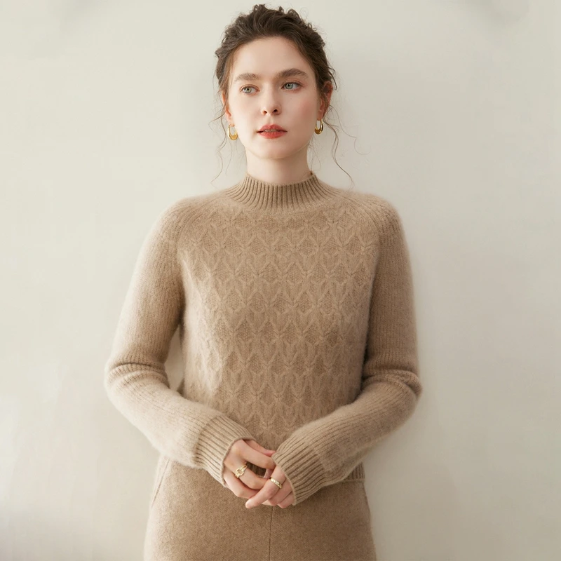 

New Arrival Autumn Winter Woman Thick Warm Cable Knitted Pullover Sweater Classy Half High Neck Women 100% Cashmere Sweater