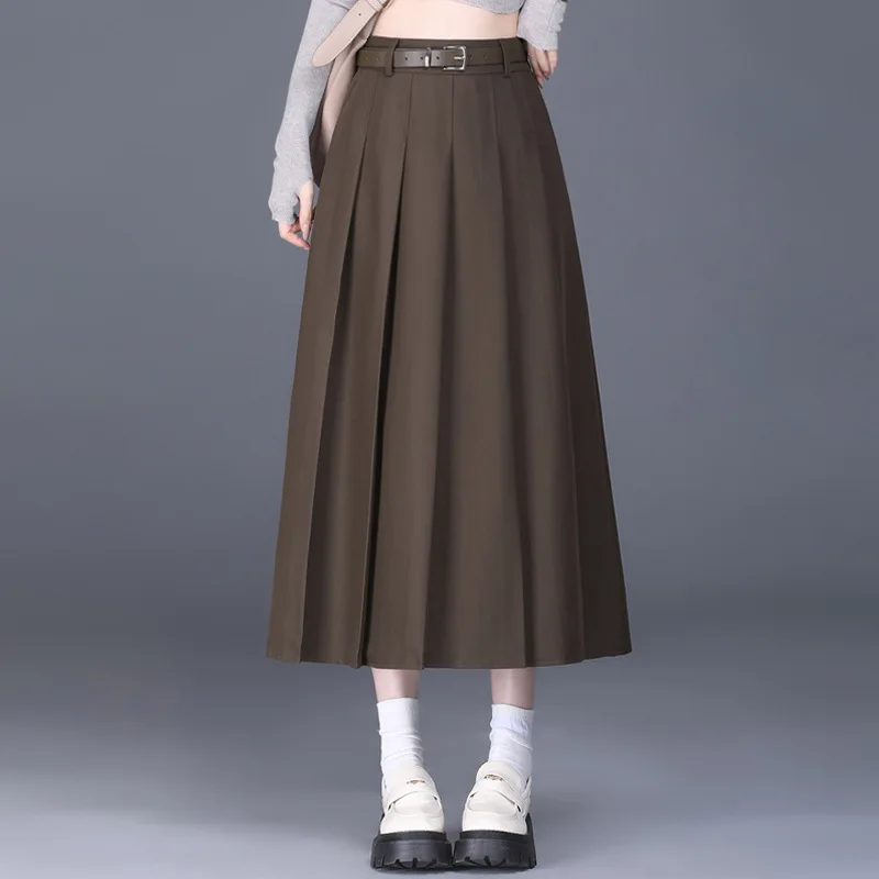 

#1630 Black Gray Brown Office Pleated Skirt Women High Waisted Belt Office Midi Skirt Female Korean Fashion Spring Autumn