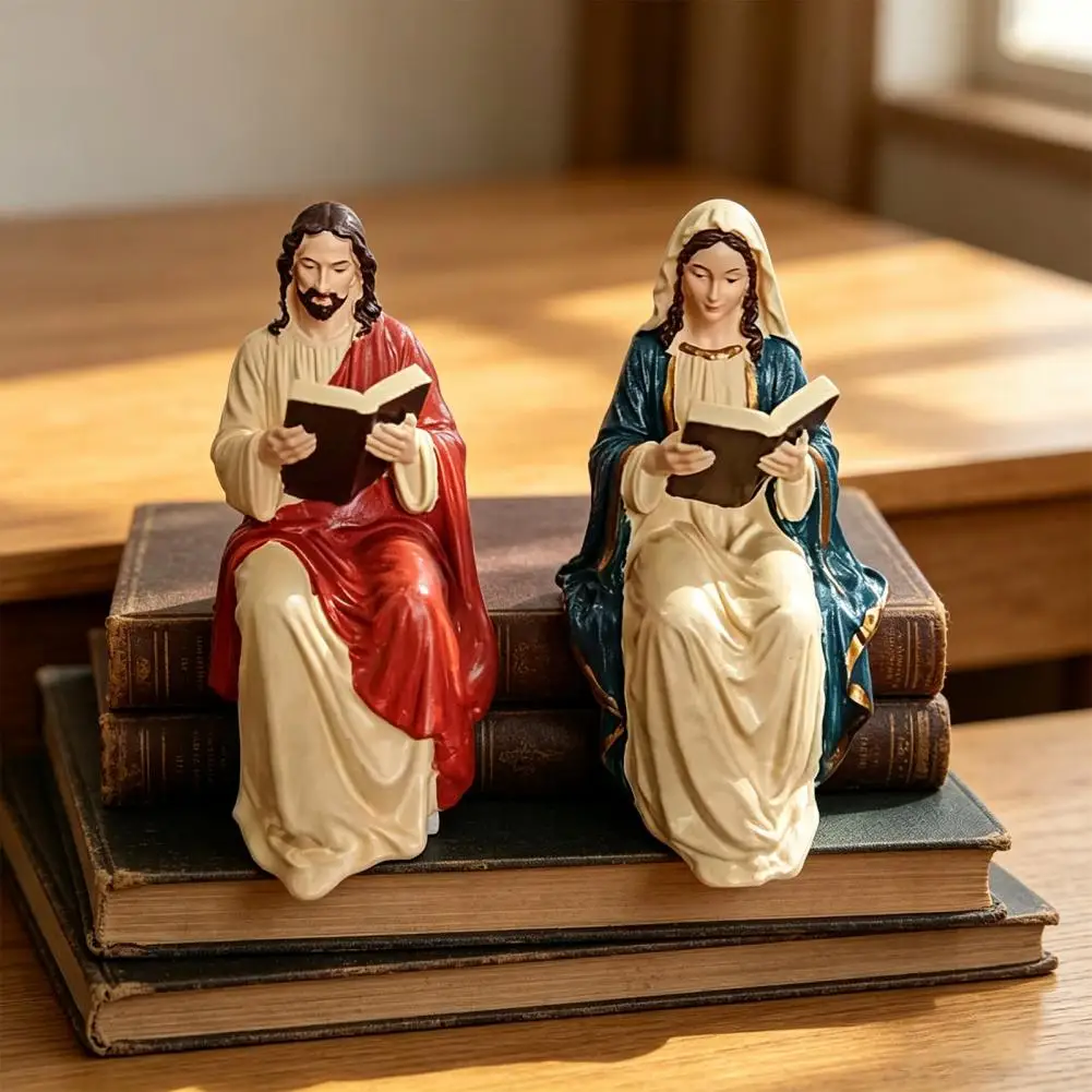 Christian Home Decor Jesus Mary Reading Figurines Christian Resin Shelf Decor Catholic Sitter Statues for Home Office Bookcase.