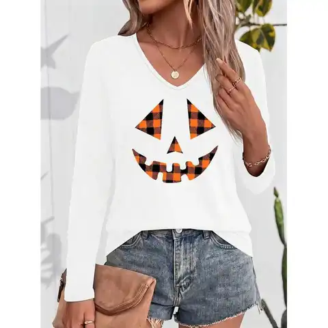 Halloween Graphic Print V-Neck Long-Sleeved T-Shirt For Women, Commuting, Daily Casual, Slimming Basic Base Top