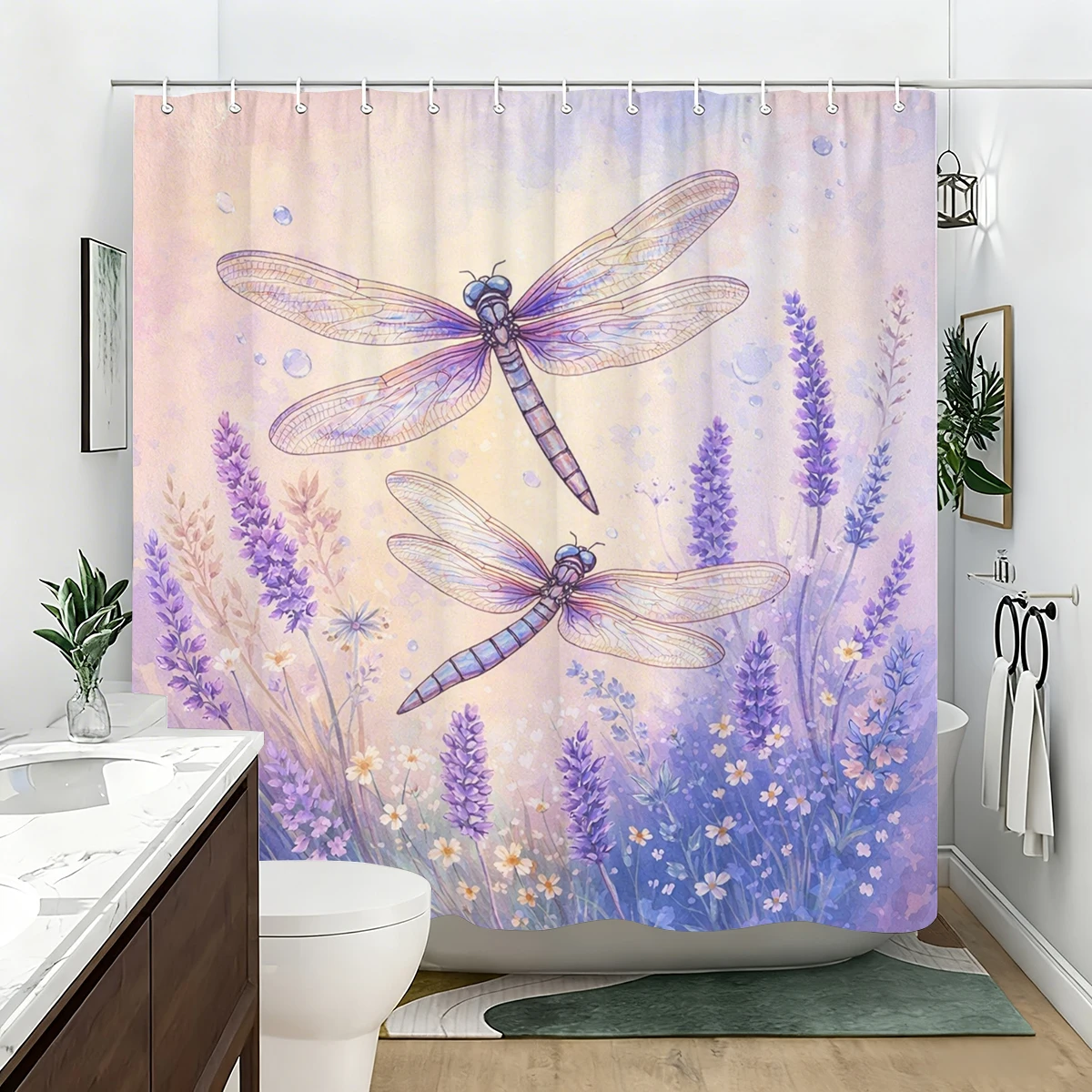 2D Printed Dragonfly & Butterfly Pattern Polyester Shower Curtain - Stylish Bathroom Decorative Curtain for Home
