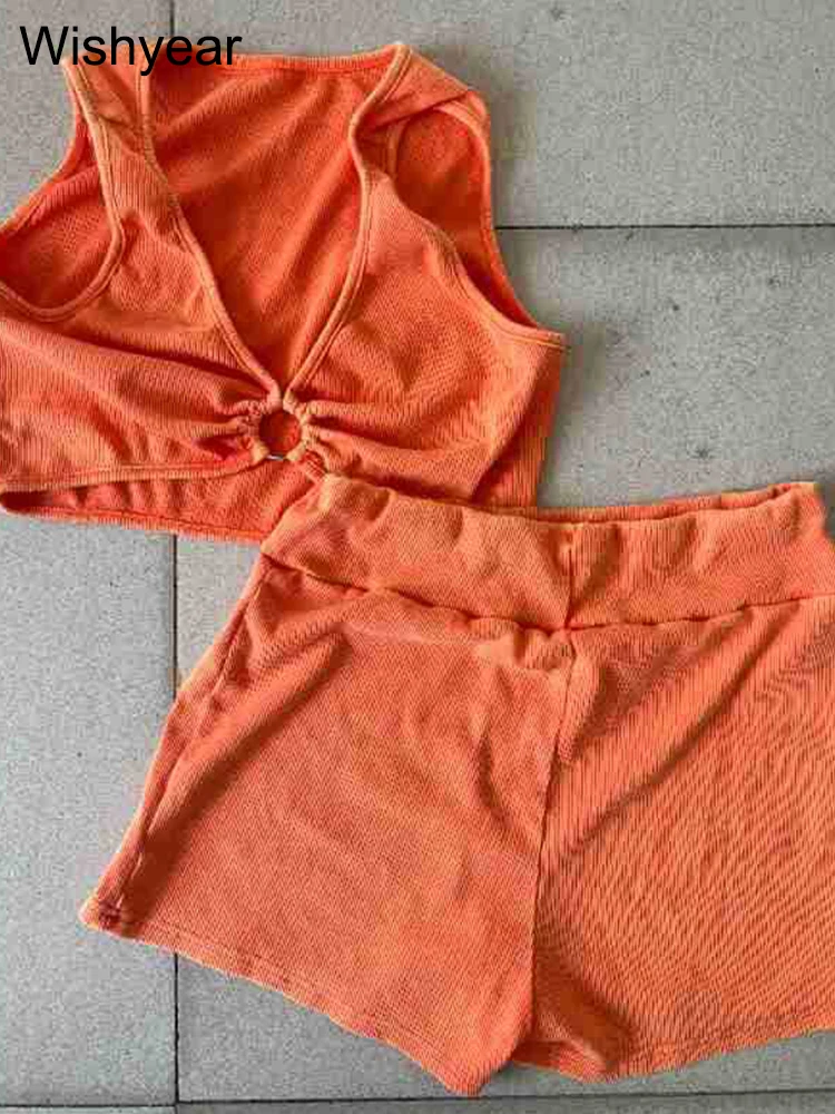 Sexy Strand gestrickt gerippt orange zwei 2 Stück setzt Frauen Kleidung ärmellose Tanktops und Shorts Sommer Geburtstag Club Outfits