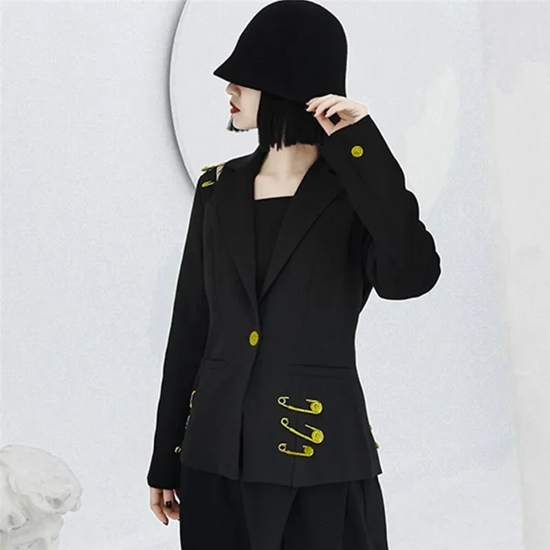 Autumn Spring New Fashion 2024 Women\'s Hollow Out Mesh Spliced Full Sleeve Metal Buttons Pin Casual Black Blazer