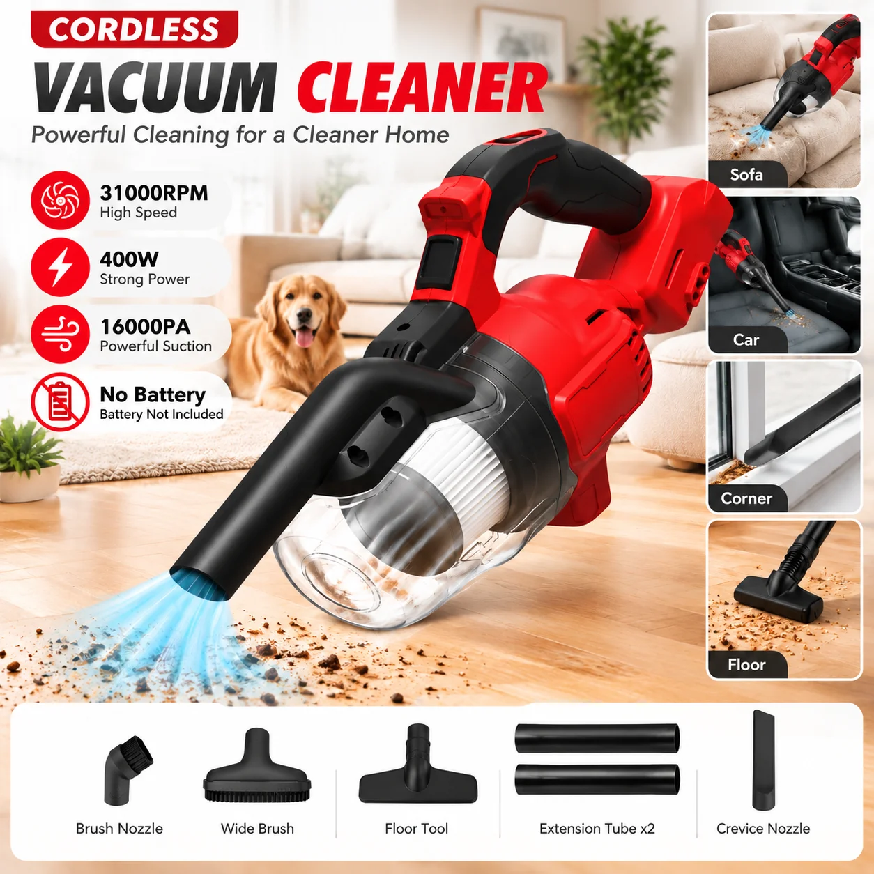 M18 18V Lithium Ion Cordless Vacuum Cleaner 300W 9.4Kpa High Suction Wet Dry Handheld Portable Car Home Use Rechargeable Battery Powered Cleaning Tool