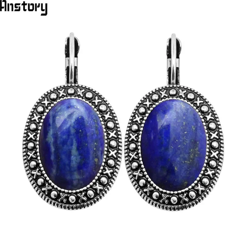 Natural Lapis Lazuli Earrings Vintage Pendant Earrings For Women Antique Silver Plated Fashion Jewelry