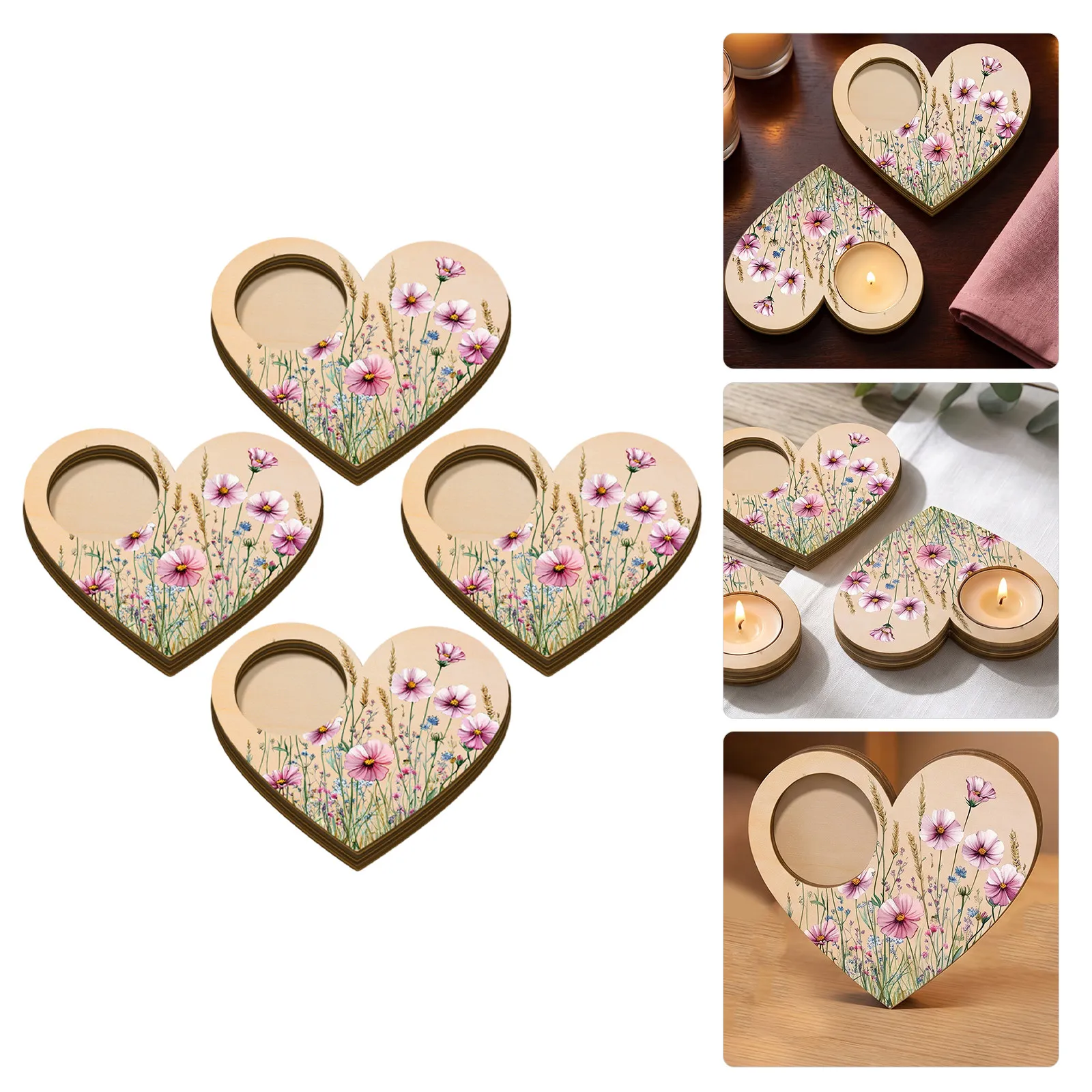 4Pcs Solid Wood Heart Holder Floral Tea Light Tray Rustic Farmhouse Table Centerpiece Wedding Anniversary