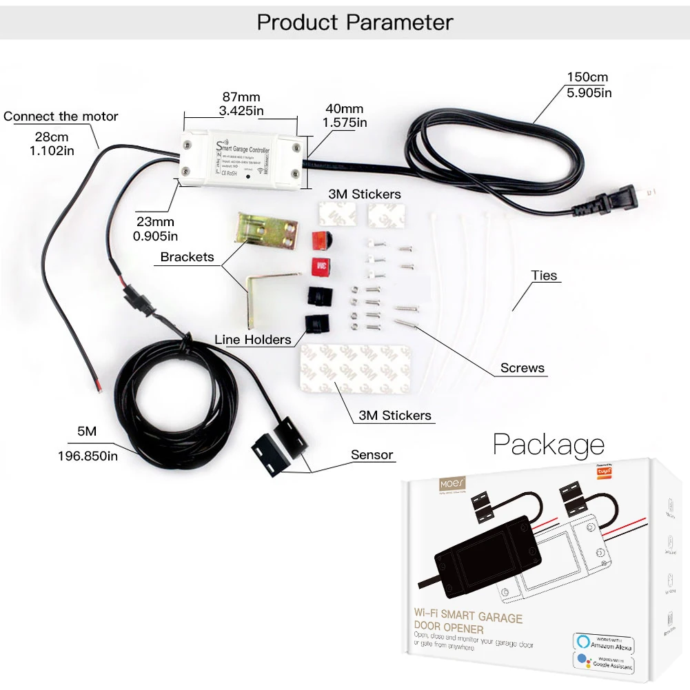 MOES Tuya WiFi Smart Garage Door Controller Opener Sensor Smart Life/Tuya APP Remote with Alexa Echo Google Home No Hub Require