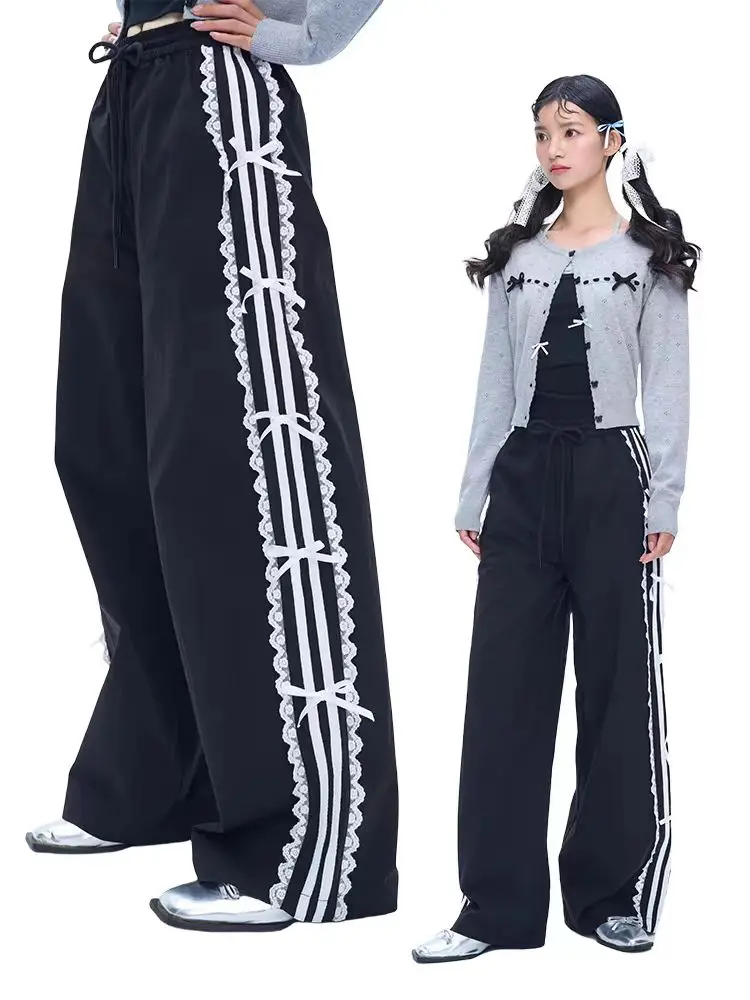 

Корейские черные брюки с эластичной резинкой на талии, кружевные белые края в полоску, спортивные штаны с бабочкой, милые свободные повседневные спортивные женские брюки Kawaii