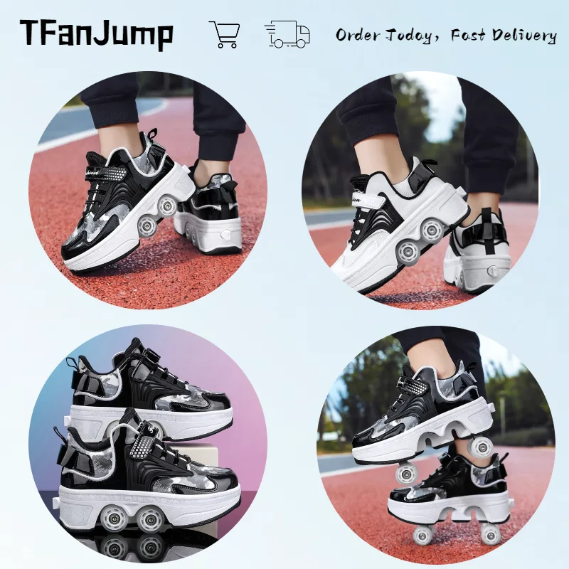 2024 Double Row 4 Wheels Sport Roller Shoes Casual Dual-Purpose Roller Sneakers Deformation Parkour Shoes Kids Adults Unisex