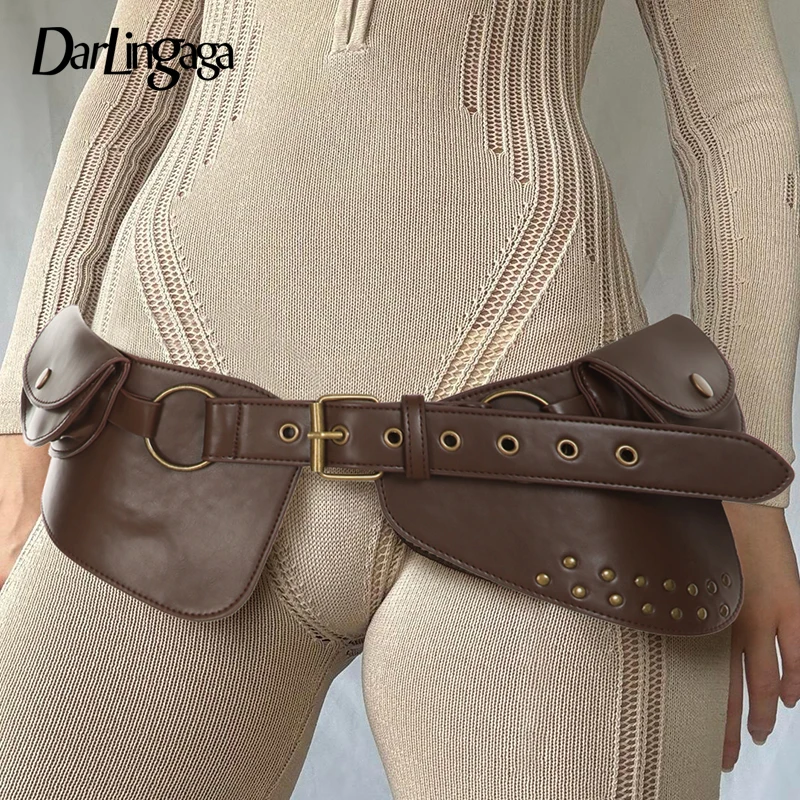 Darlingaga Vintage PU Leather Waist Bag Belt Women's Harajuku Brown Wide With Rivet Design Bag Waistband Accessories 2025 Sashes