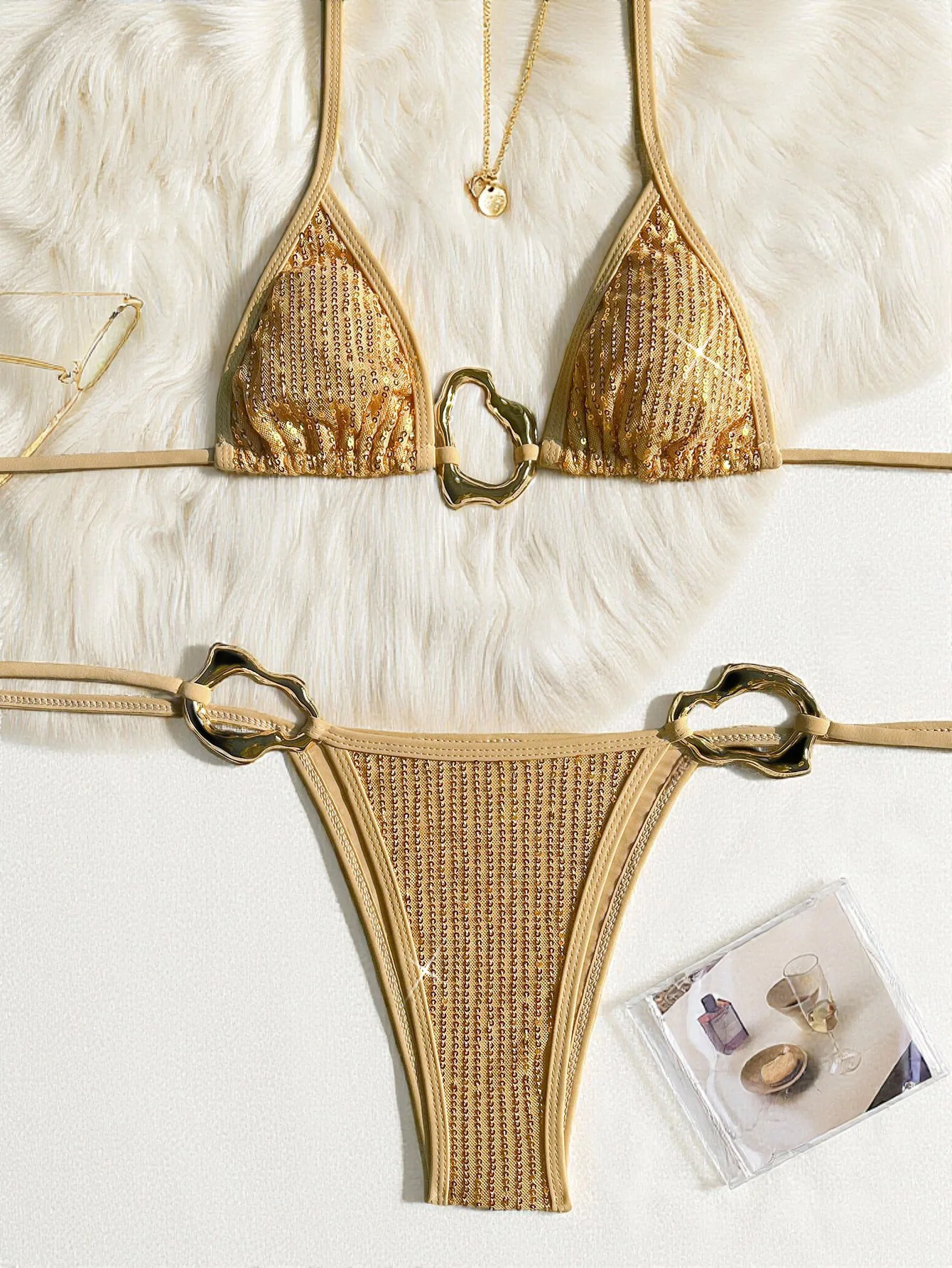 Sexy Triangle Push Up Bikini Glitter Swimwear Women Blingbling Ring Linked Bathing Suit Side String Two Piece Swimsuit Biquini