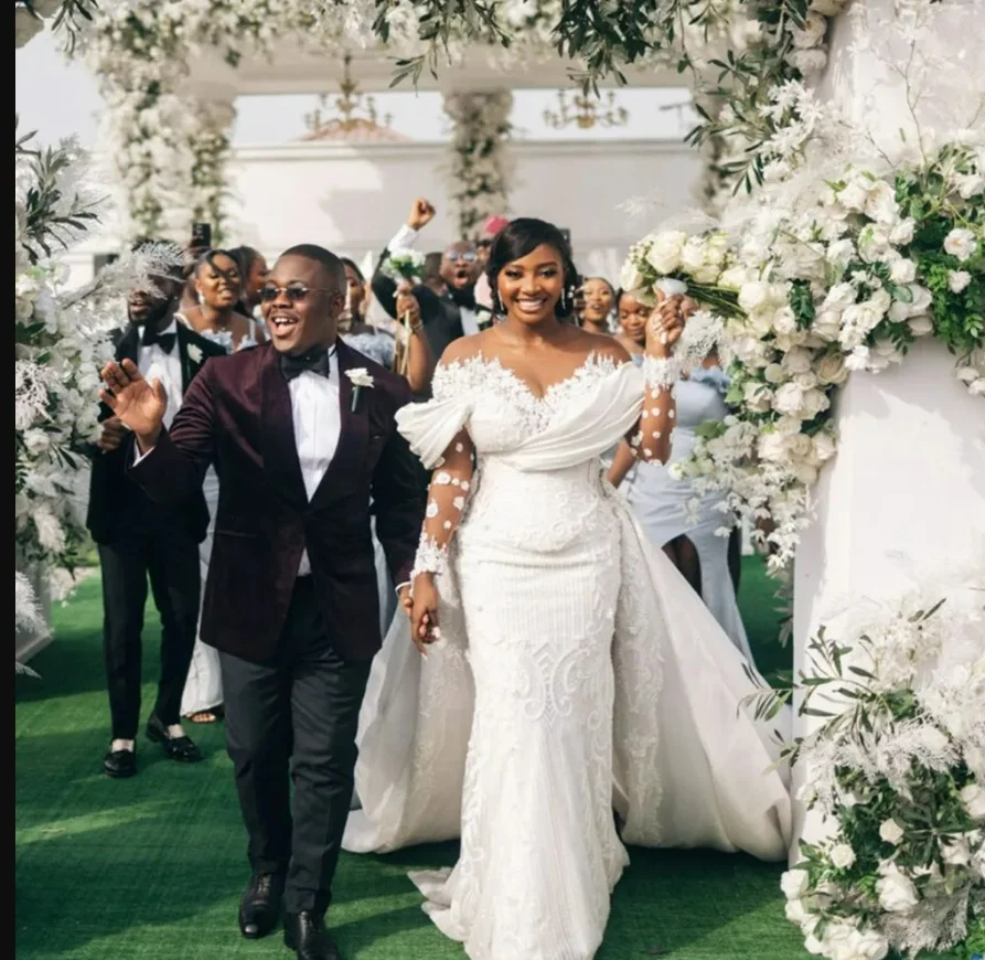 Customized  Arabic Aso Ebi Wedding Dress with Removable Skirt  Off The Shoulder Lace Appliques Plus Size  Bridal Gowns