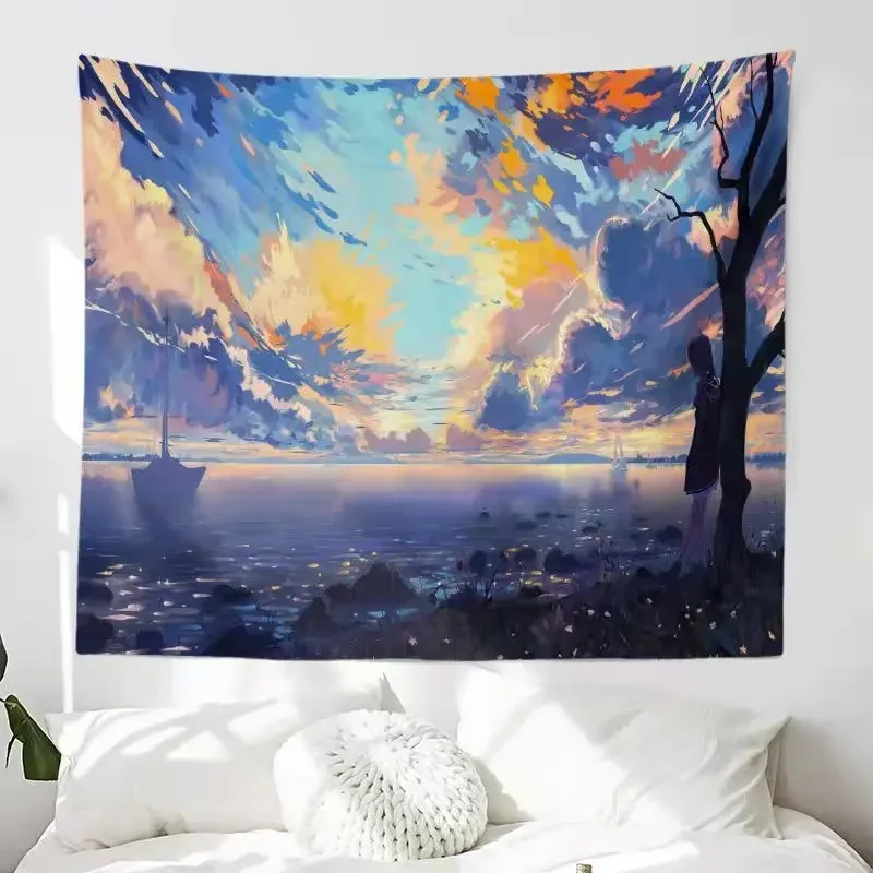 Hanging Wall Aestheticism Sunset Tapestry Starry Night Sky Moon Wind Scenery Background Bedroom Bedside Living Room Dorm Decor