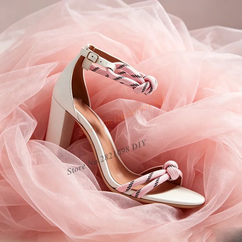 Knitted Knot Weave Twist Chunky Heeled Sandal Women Lace Up High Heel Ankle Wrap Summer Shoes