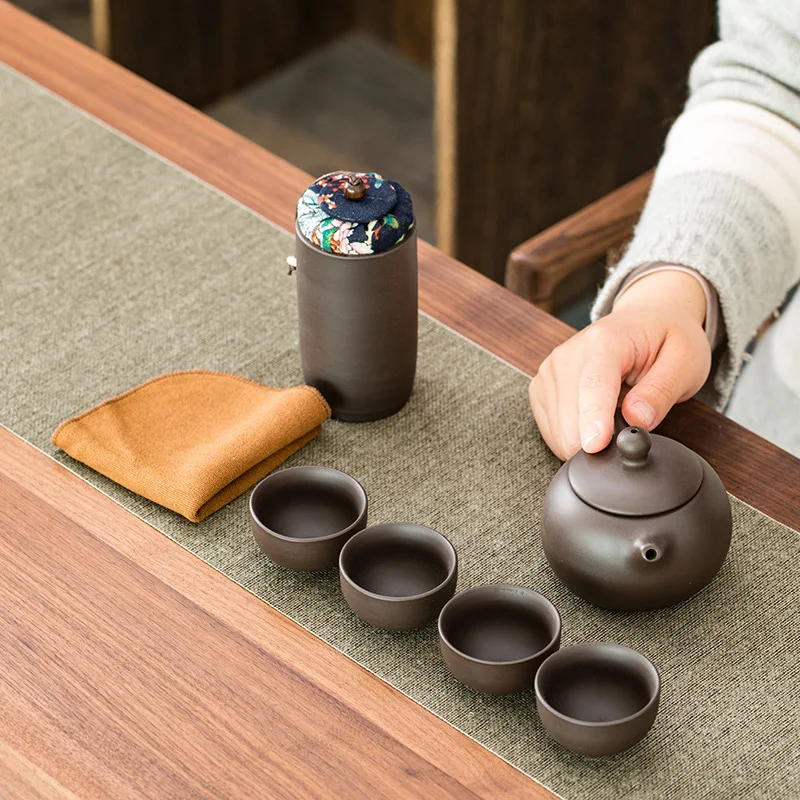 

Portable Chinese Travel Tea Set, Teapot Clay Set, Tea Ceremony, Camping, 4 Cups, Zi Shi, Ke Cup, Tea Pot Set