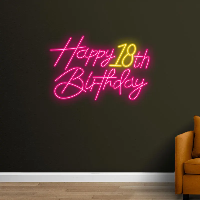 Happy 18th Birthday Neon Sign, Commemorate the milestone with this bright neon light, an exciting way to mark the 18th birthday