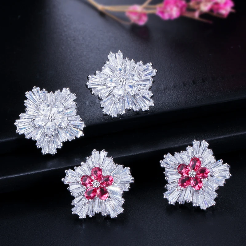 CWWZircons Korean New Fashion Brand Jewelry Rose Red Cubic Zirconia Crystal Flower Christmas Earrings Presents for Women CZ179