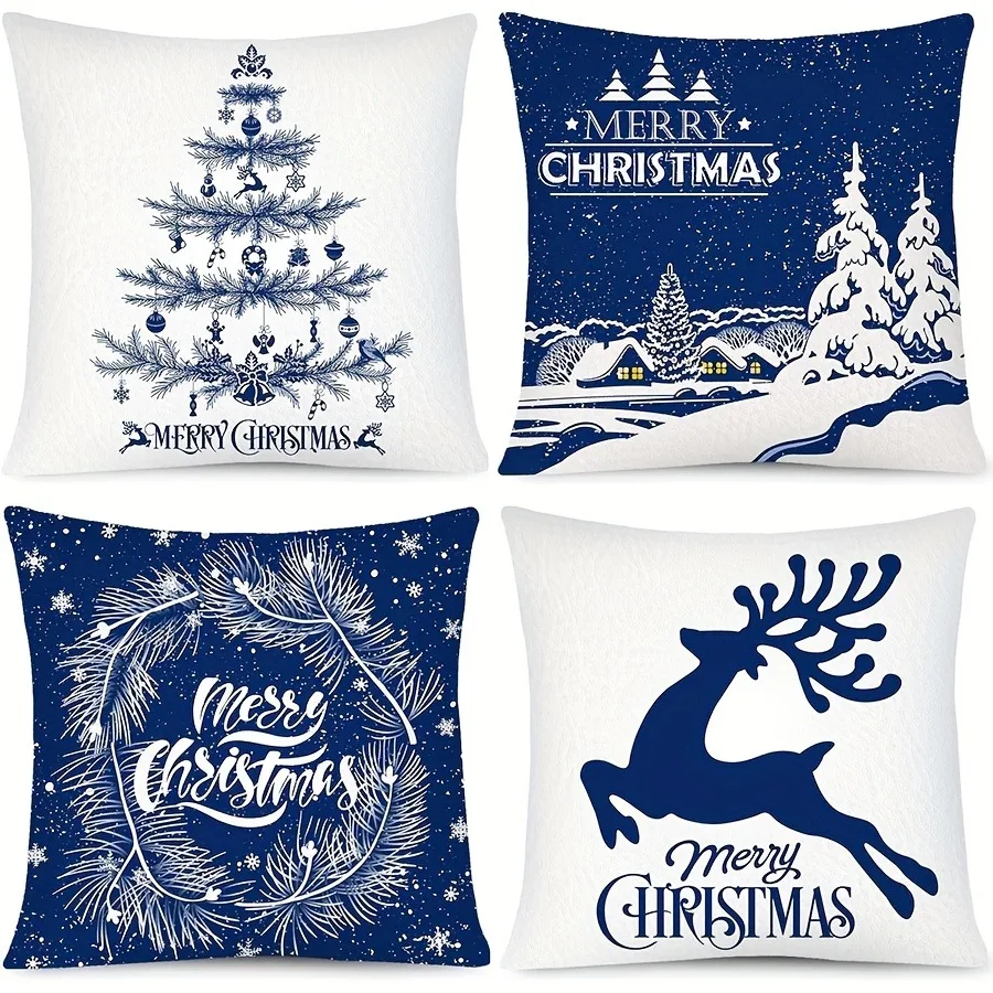 

Blue and White Christmas Pillow Covers: Tree, Reindeer, Wreath, and Winter Scene - Merry Christmas Decor home room decoration