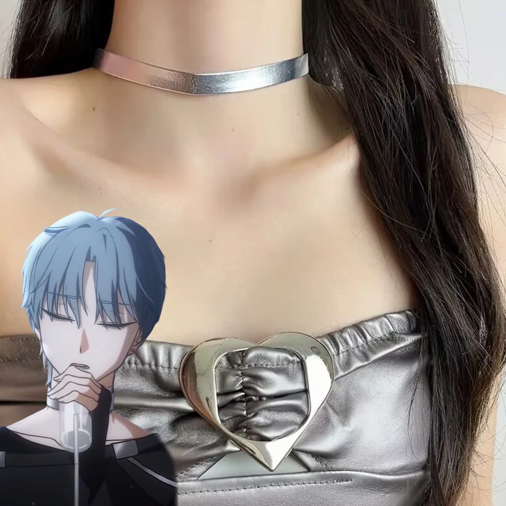 

Anime Alien Stage Till Cosplay Choker Sliver Necklace Punk Leather Collar Alloy Chain Pendant Jewelry Unisex Party Accessories