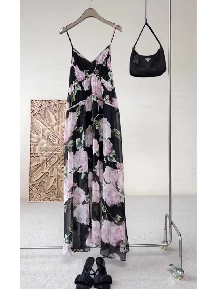 

Sling Dress Bohemian Flower Print Long Dresses Summer Sexy V Neck Party Lady Beach Maxi Dress Sleeveless