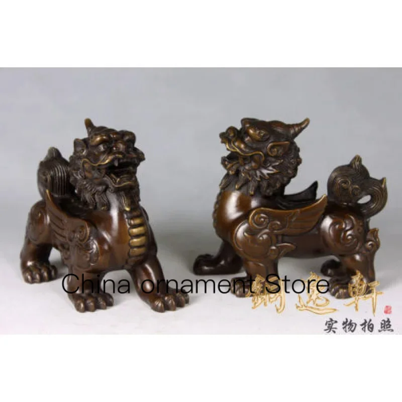 A Pair of Oriental Bronze KIRIN Lion Statue Patron Saint Brave Troops ~ May You Fortune