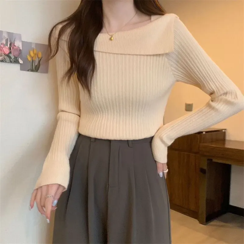 Slash Neck Slim Knitted T-shirt Female Clothing Solid Color All-match Autumn Winter Elegant Spliced Casual Long Sleeve Pullovers