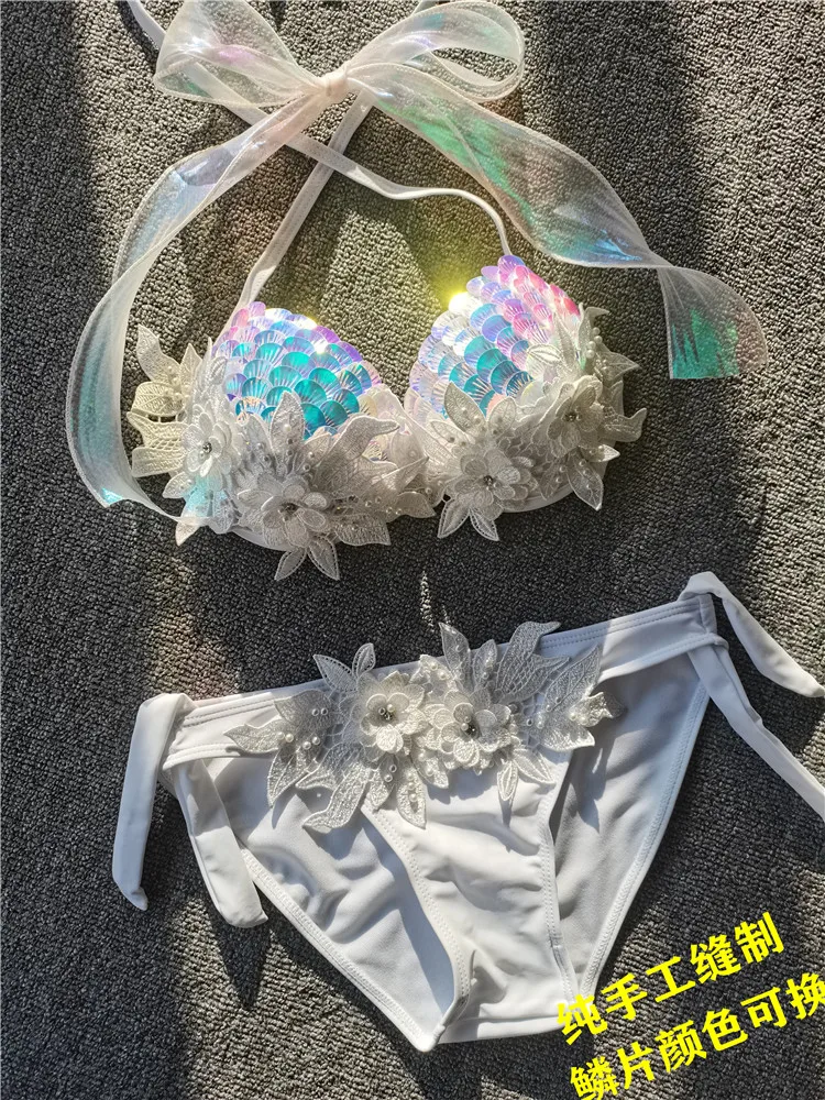 sequin bikini top bra, aquarium bar performance costume, fish tail skin