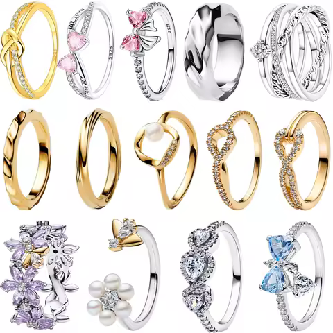 Original 925 Sterling Silver Ring Colorful Heart Crown Bow Bee Flower Crystal For Women Valentine's Birthday Gift DIY Jewelry