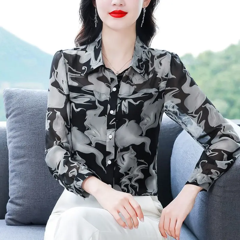 Women\'s Korean Fashion Print Elegant Button Up Shirt Spring Autumn Office Lady Lapel Blouse Long Sleeve Loose Tops Casual Blusas