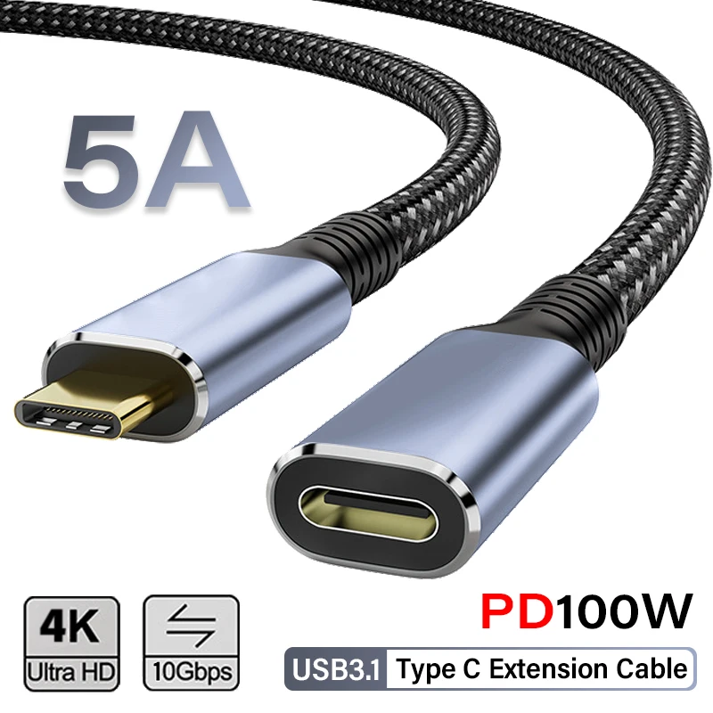 Cable de extensión USB 3,1 5A, carga rápida tipo C, 10gbps, PD, 100W, macho a hembra, para MacBook Pro, portátil 4K