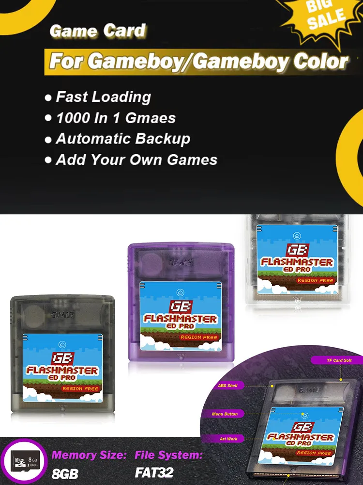 Karta do gier 2500 IN 1 OS V4 ED do konsoli Gameboy Color/GBA SP z kartą TF 8GB — zdjęcie produktu 7