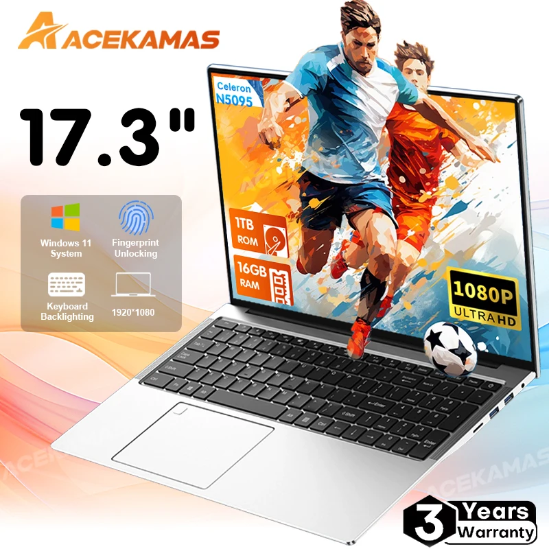 كمبيوتر محمول ACEKAMAS مقاس 17.3 بوصة يعمل بنظام التشغيل Windows 11 Pro Celeron N5095 أجهزة الكمبيوتر المحمولة مكتب الألعاب دراسة 16 جيجابايت DDR4 1 تيرابايت SSD ألعاب الكمبيوتر المحمول