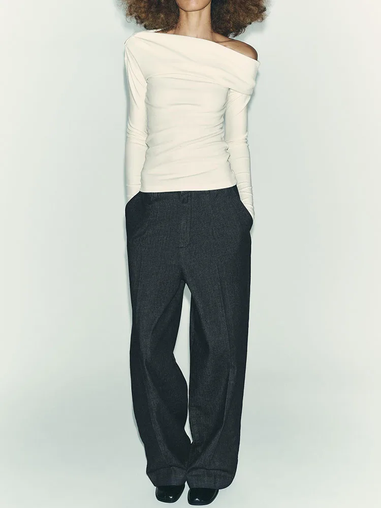 

Новая зимняя мягкая асимметричная длинная футболка с плиссированным воротником, женская модная футболка Sweet Sle 2025 Ele, модный топ