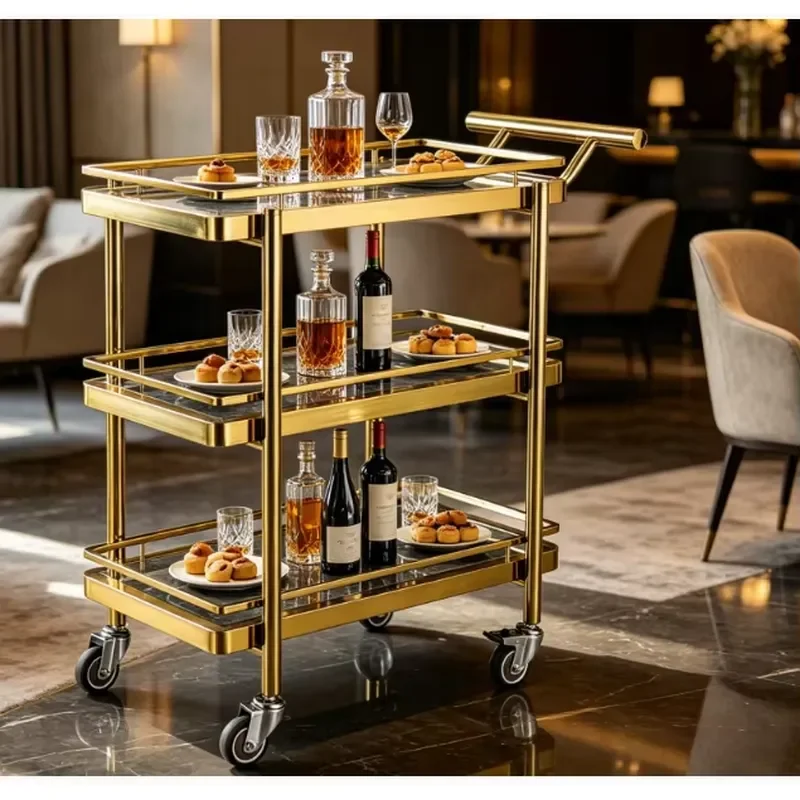 Modern 3 Tier Gold Serving Cart Stainless Steel Frame Mobile Bar Trolley for Home Kitchen Hotel Restaurant Commercial Use