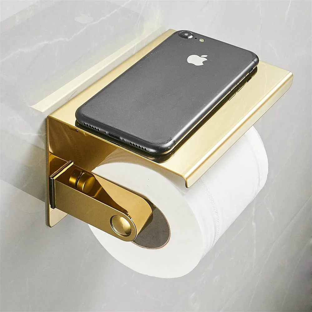 304 Stainless Steel Gold Bathroom Tissue Holder Double Roll Toilet Paper Holder with Phone Shelf Wall Mounted Tissue Dispenser