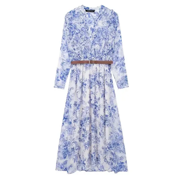 Women Chic Casual Floral Print Folds V-Neck Dress Woman Spring Elegant Belt Decoration Long Sleeve Midi Dresses Mujer