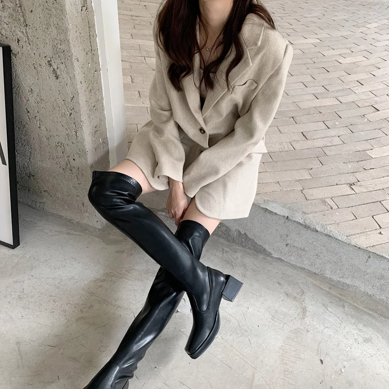 Square Toe Women Over The Knee Stretch Boots Black White Thick Mid Heels Autumn Spring Sock Boots Elastic Botas Slip On Botas