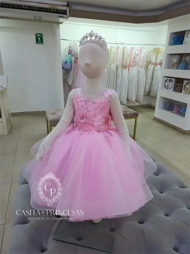 Customized Light Pink Flower Girl Dresses For Wedding 3D Flowers With Long Tailing Quinceanera Princess First Communion Gown