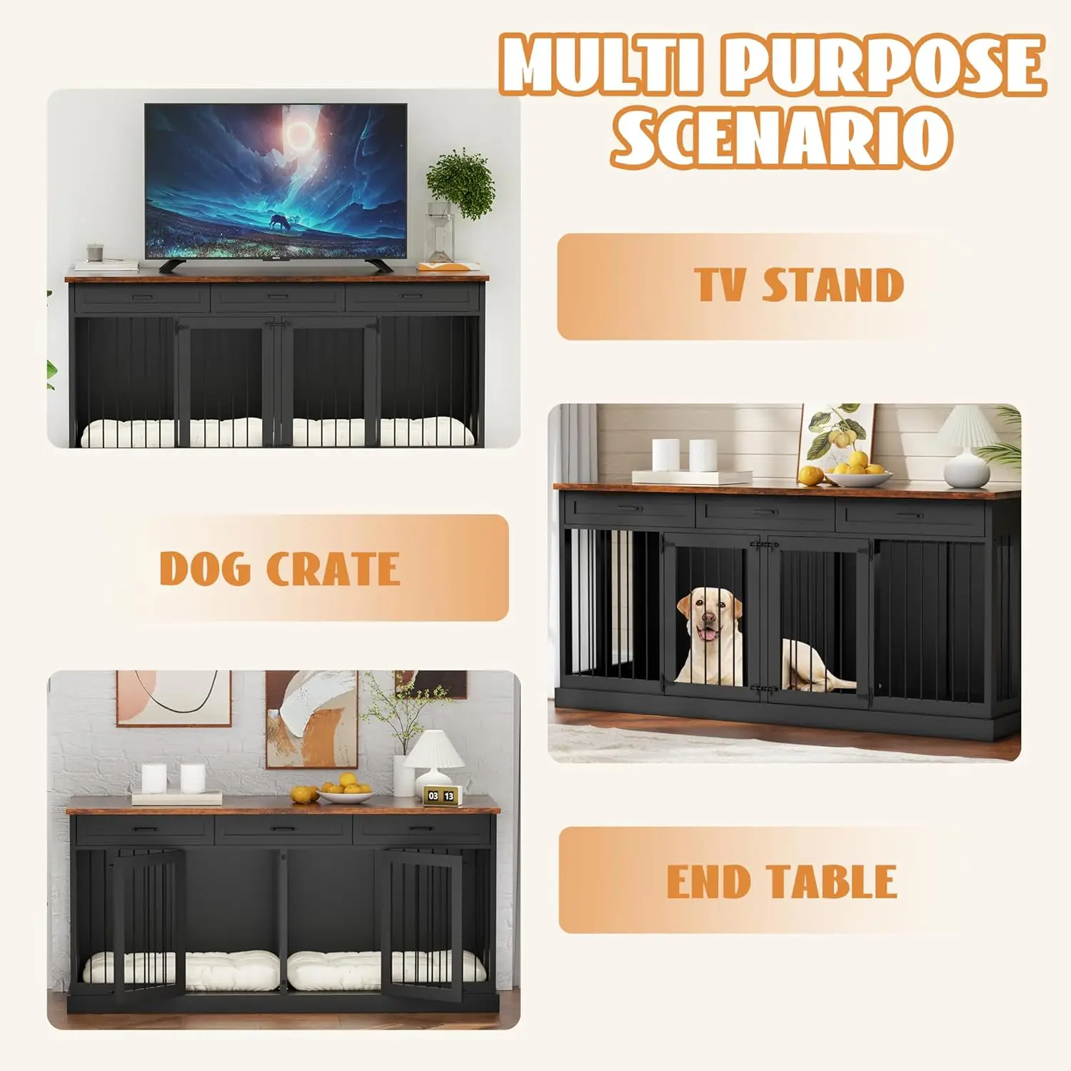 70.9 بوصة أثاث قفص الكلب ل 2 الكلاب قفص كلب مزدوج خشبي شديد التحمل أثاث بيت الكلب حامل تلفاز