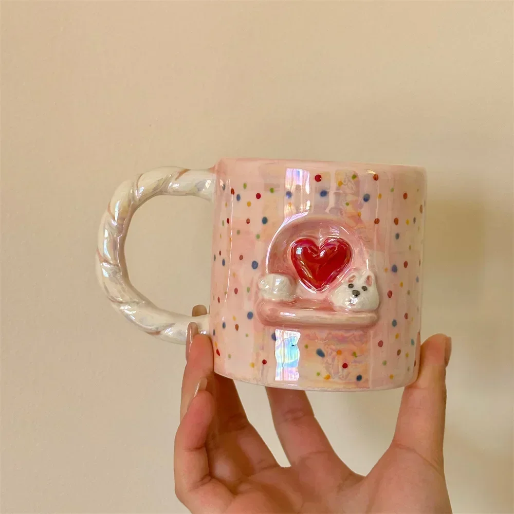 

Pearl Relief Dog Cup Creative Cartoon Bright Surface Girl Heart-shaped Ceramic Couple Gift Breakfast Coffee Cup Heat-resistant