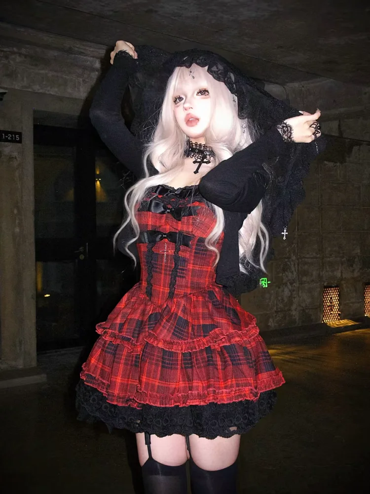 

Japanese Gothic Plaid Bow Cross Lace Ruffle Tier 2 Piece Set Women Suspender Cake Dress Black Cardigan Harajuku Cosplay Party