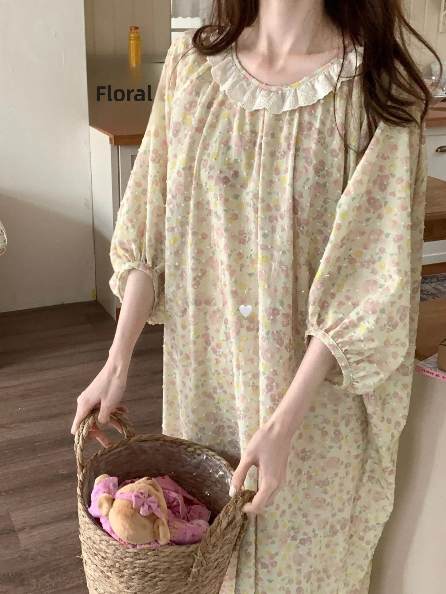 

Spring Summer Vintage Oil Painting Floral Loose Batwing Sve Sp Dr Long Home Clothes Sweet Sle Youth Suitable